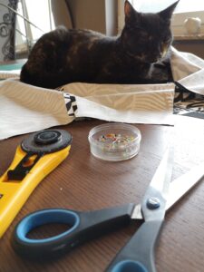 naaiwerk op tafel met behulpzame kat die alles in het oog houd